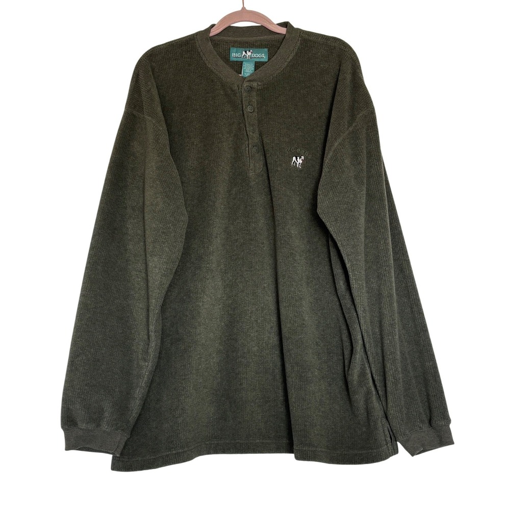 Vtg Big Dogs Mens 2X Olive Green Henley Long Sleeve Fleece Pullover Logo Shirt